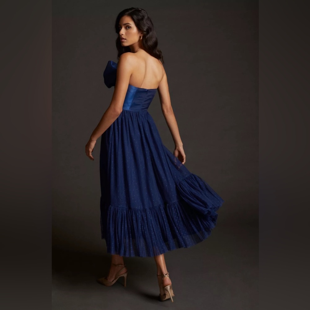 NWT Hutch Tulle Blue Bow Strapless Tiered Wedding Guest Cocktail Midi Dress 6 - Picture 3 of 9